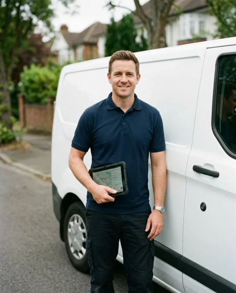 Chauffeur Herbiet avec tablette devant sa camionnette