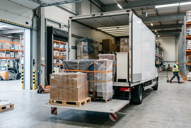 Camion avec hayon chargé de mobilier et d'une palette