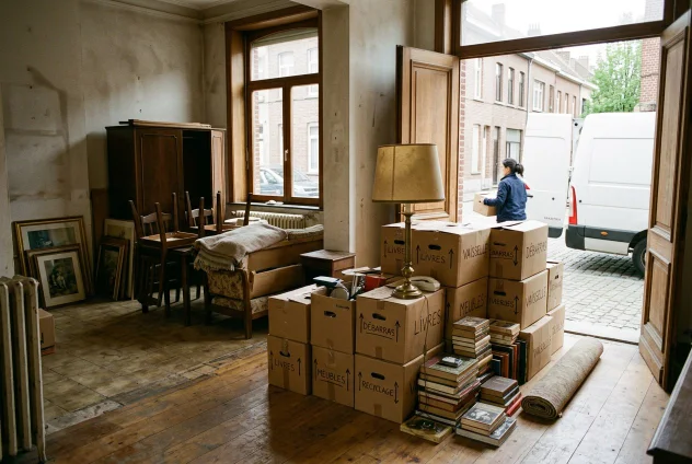 Mobilier trié après un vide-maison, prêt à être transporté
